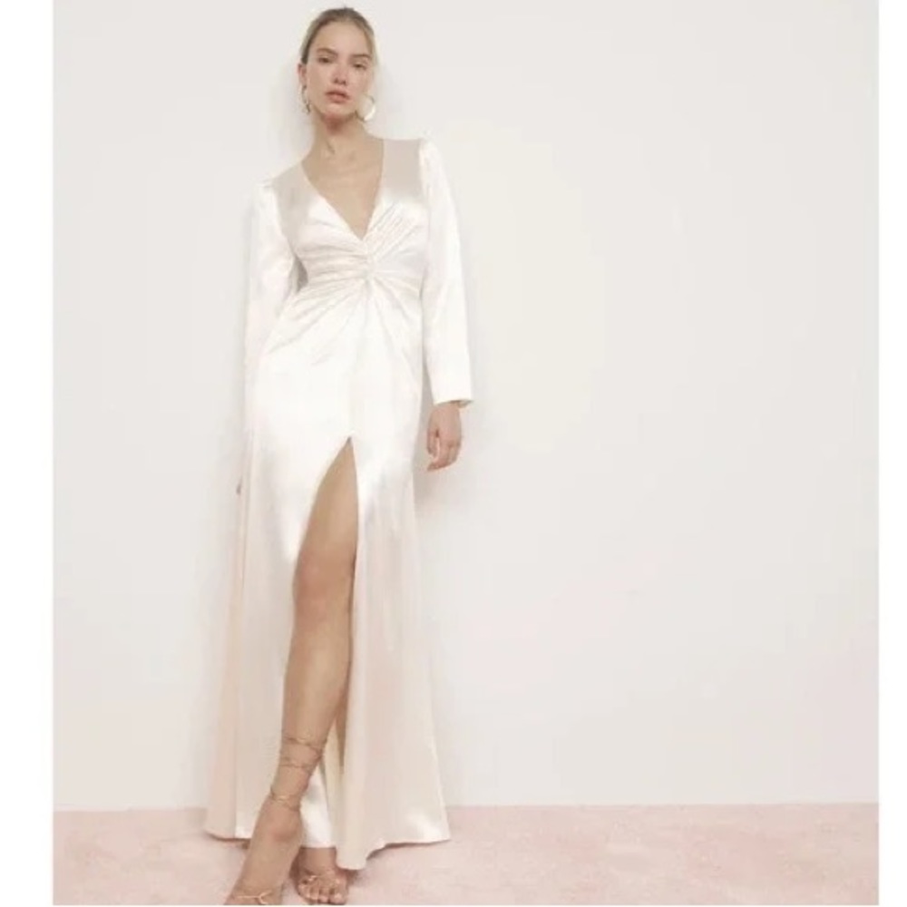 NWT $698 Reformation Delphi Silk V Neck Dress Gown Ivory 8